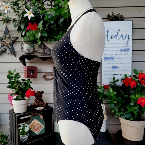SPEEDO ♡ Sweet 1pc Black 'n White Polka Dot Low V Padded Bralette Swimsuit 10 - Picture 7 of 16